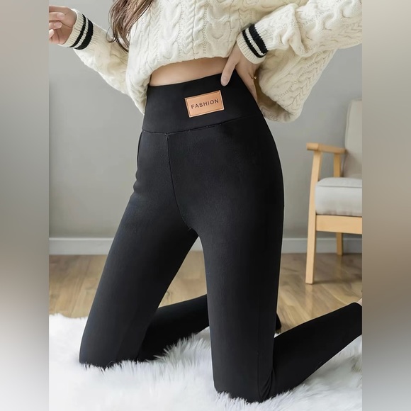 Black Thick Thermal Velvet Warm Lined Cotton Leggings - Picture 2 of 7